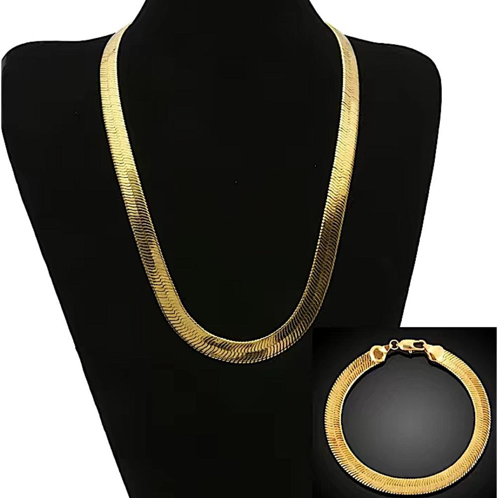 Gold Herringbone Flat Necklace Bracelet Set, Unisex, Two Piece 4mm - Picture 1 of 9